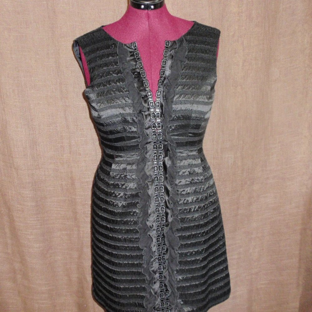 Nanette Lepore LBD Textured Sheath Dress Ruffle Sleevless Black 6